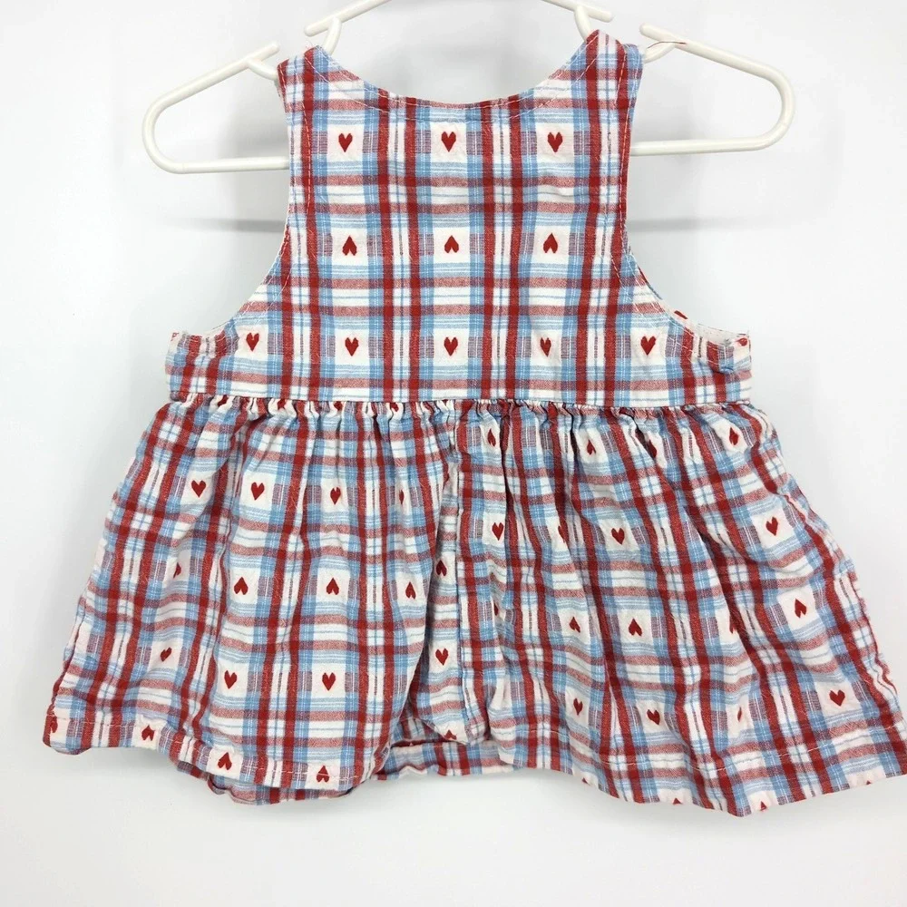 OshKosh B'gosh Vintage Plaid Pinafore Dress Red White Blue Heart Baby Girls 12M